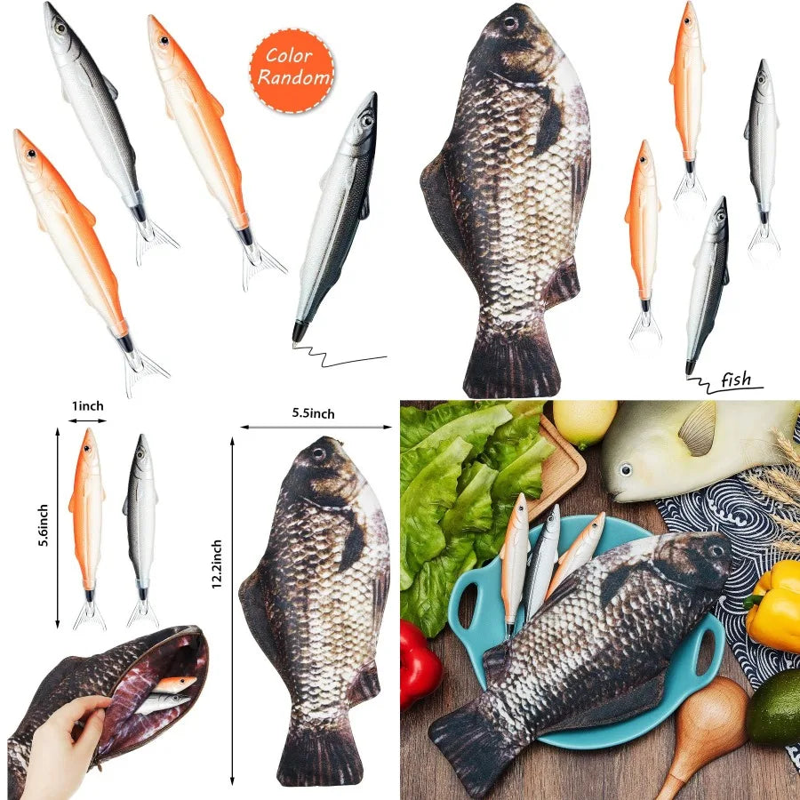 Fish-shaped pencil case with padded foam lining and adorable fish pens ideal for school office or travel use featuring durable