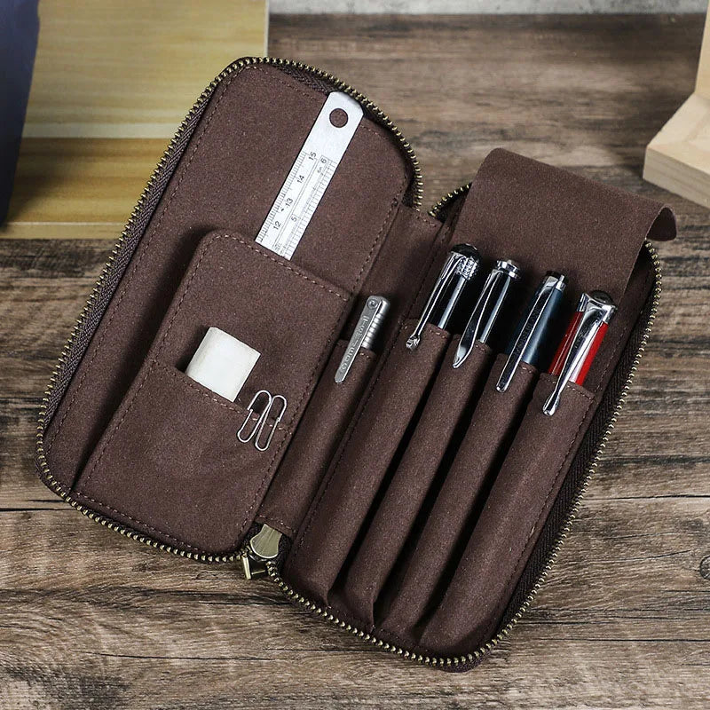 Genuine Leather Pencil Case with 4 Slots Handmade Multifunctional Zipper Fountain Pen Bag Student Stationery Pen Box